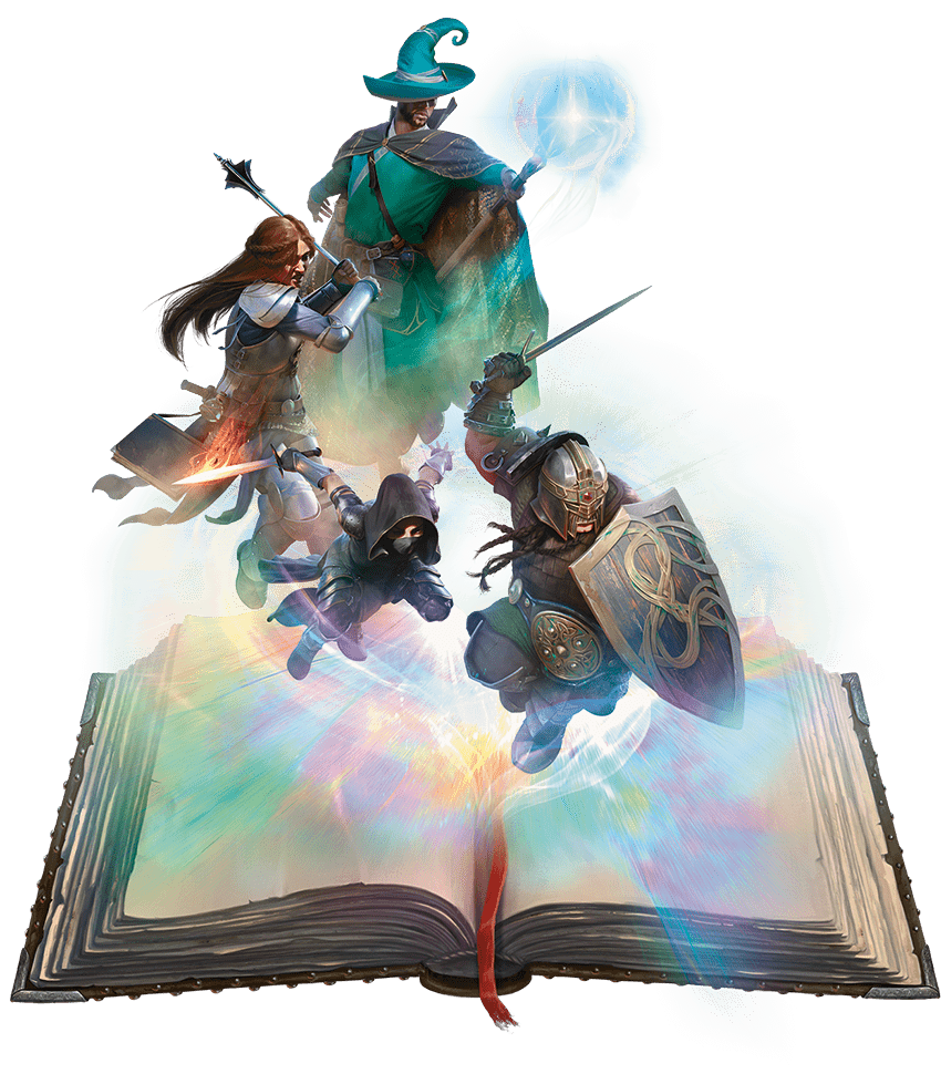 Reclaimers gathered around a glowing runic altar in ancient ruins