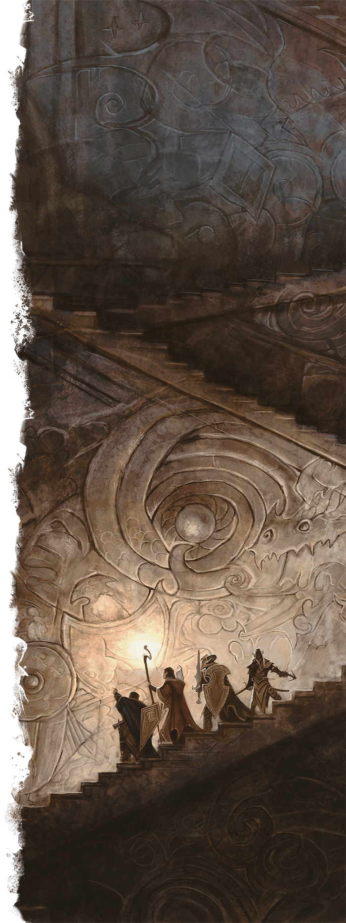 A party descending ancient runed stairs into darkness